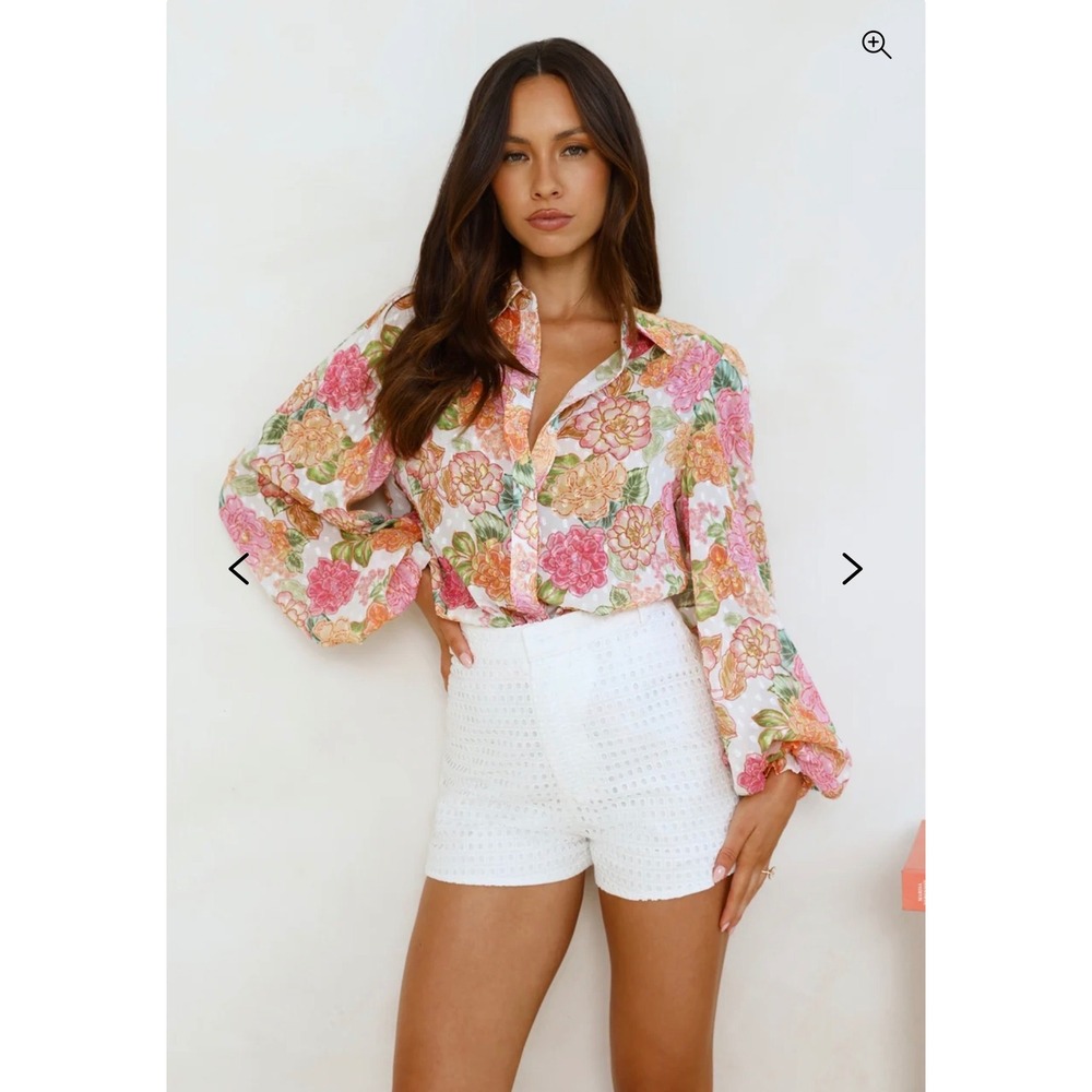 Hello Molly Romantic Whimsy Floral Metallic Swiss Dot Blouse XS Sheer Shirt